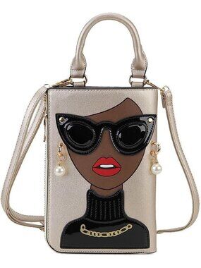 Women Gold Coffee Novelty Lady Face PU Leather ShoulderBag Handle Satchel Clutch